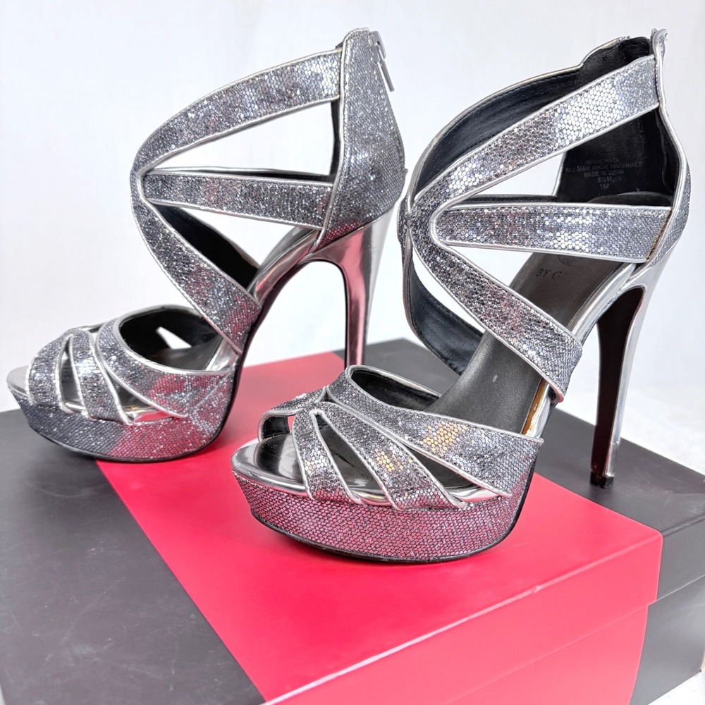 GUESS Metallic Silver Glitter Platform Stiletto Strappy Shoes 5.5M Disco Glam